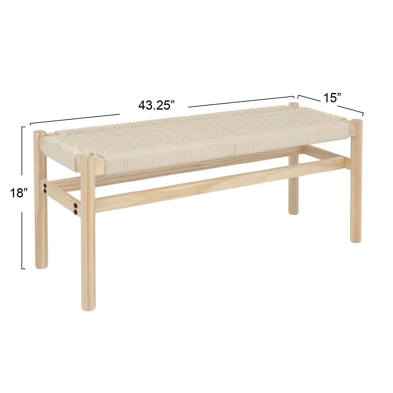 Storied Home Fernway Solid Wood and Woven Rope Entryway Bench Cream: Scandinavian Design, Pine Frame, 43.25" Long