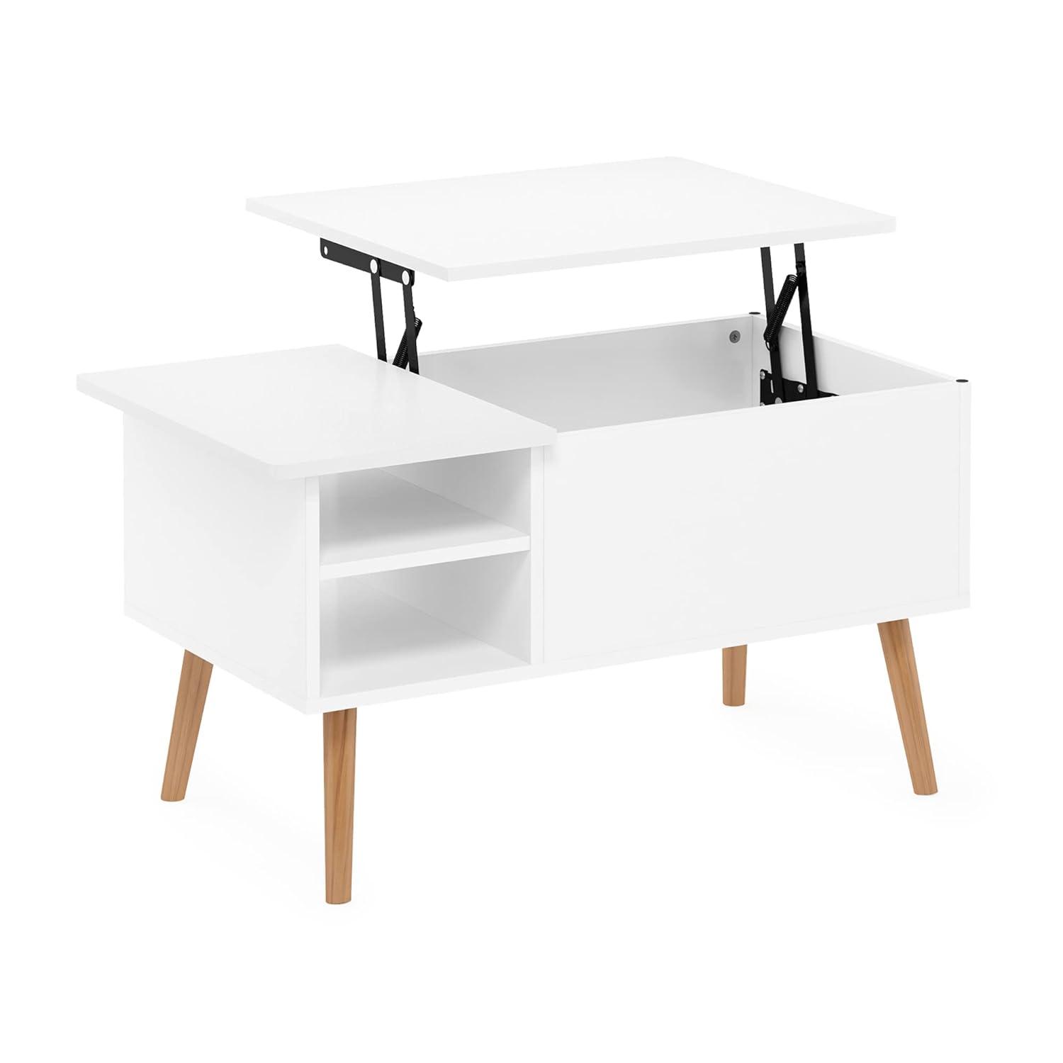 Furinno Jensen Wooden Leg Lift Top Coffee Table With Hidden Compartment and Side Open Storage Shelf for Living Room, Solid White