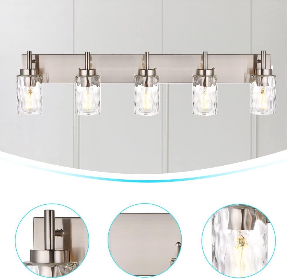 BONLICHT Transitional Vanity Lighting Fixtures Brushed Nickel with Clear Hammered Glass Shade,Farmhouse 5 Light Bathroom Lights Wall Sconces Contemporary Indoor Wall Mount Lights for Kitchen Sink