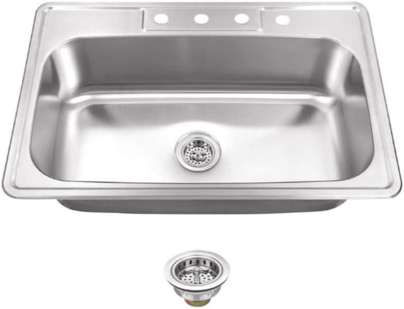 Magnolia Sinks Kitchen Sink Stainless Steel Drop In Top Mount 33" x 22" Single Bowl with Strainer, 4 hole, Self Rimming