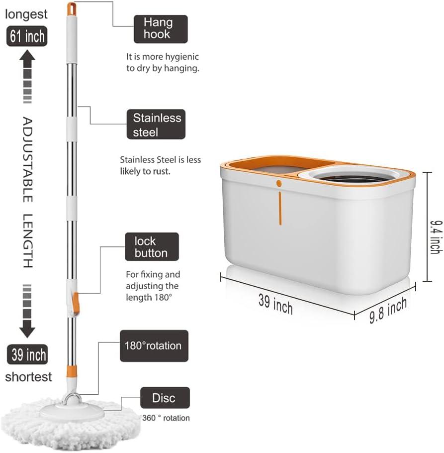 White and Orange Spin Mop and Bucket Set with Stainless Steel Handle