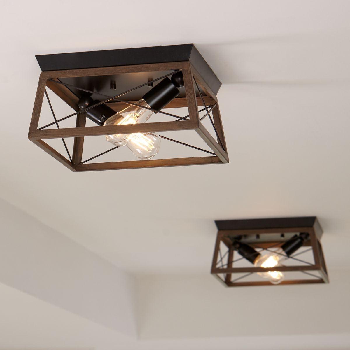 Progress Lighting Briarwood 2-Light Flush Mount, Antique Bronze, Faux-Painted Wood Enclosure, Canopy Included