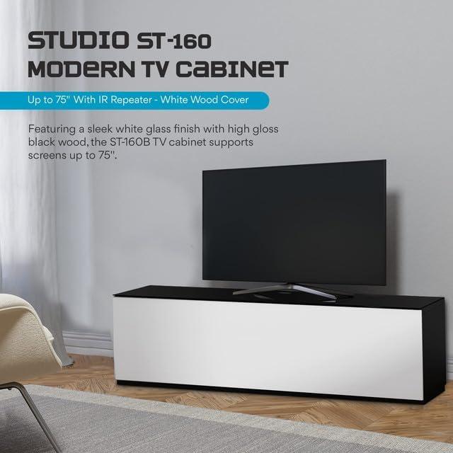 SONOROUS Studio ST-160B Wood and Glass TV Stand with Hidden Wheels for Sizes up to 75" (Modern Design with 6 Shelves for Your Audio/Video Components and Consoles, Comes with I/R Repeater) - Black