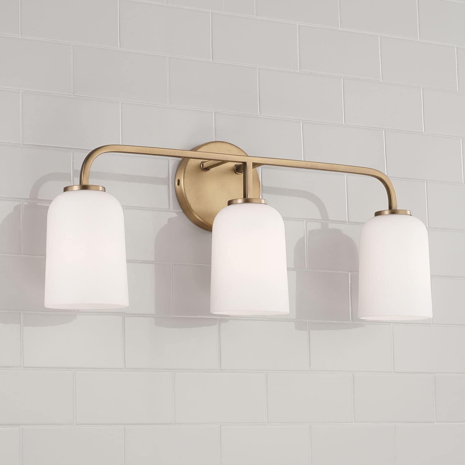 Aged Brass 3-Light Vanity with Soft White Glass Shades