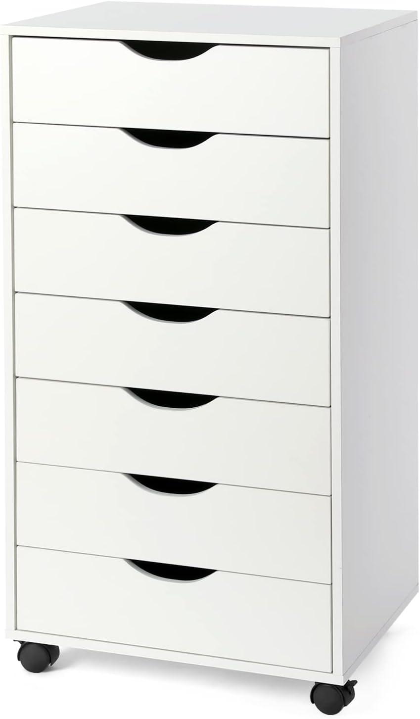 HeSLehs 7-Drawer Organizer, Tall Chest of Drawers with Caster Wheels, Alex Drawers File for Home Office, White