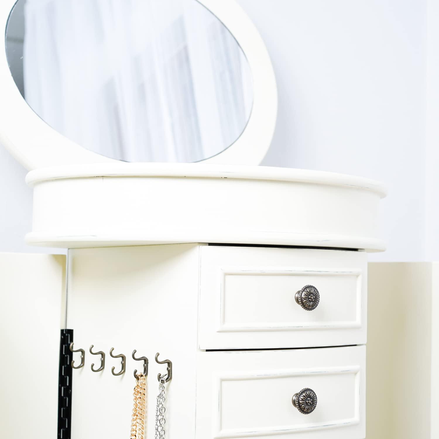 Hives and Honey Bailee Standing Jewelry Armoire - 7 Drawers, Mirror Top, Side Doors - Necklace, Earring, Bracelet Organizer, Ivory