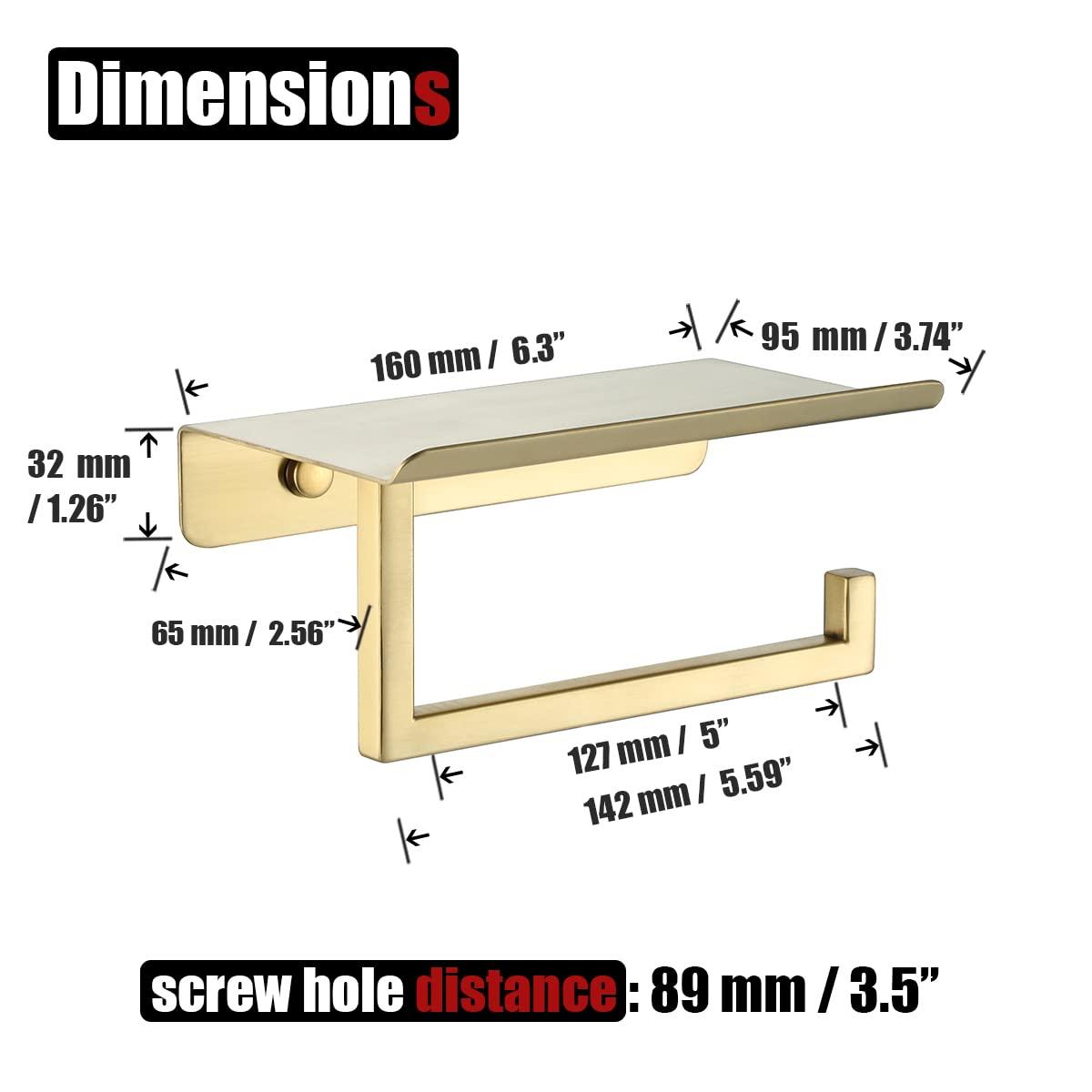 JQK Toilet Paper Holder Shelf, Bathroom Tissue Roll Holder with Phone Shelf, 5 Inch 304 Stainless Steel Tissue Paper Dispenser, Brushed Gold Finished Wall Mount, TPH202-BG