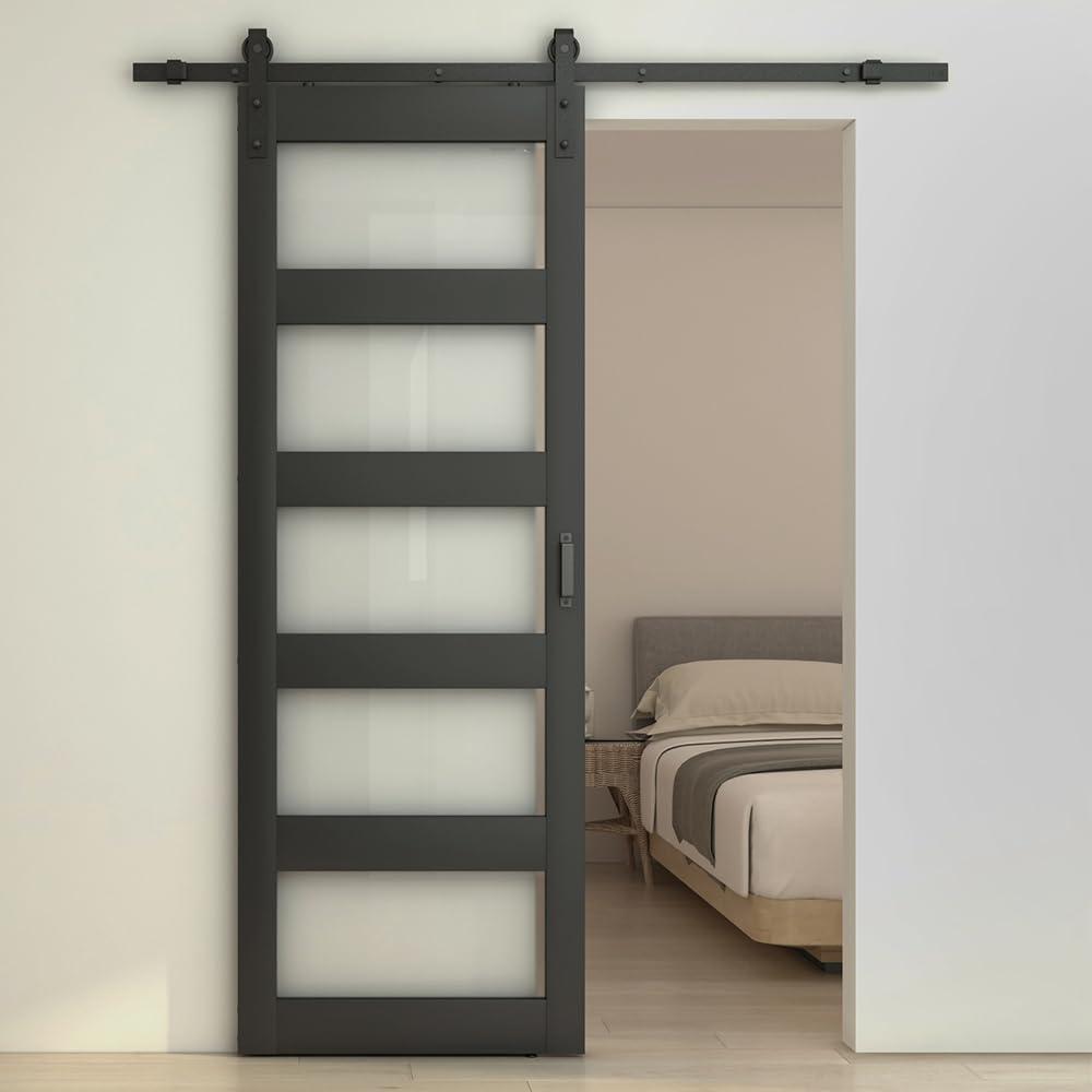 Calhome 5 Lite Tempered Frosted Glass Finished Composite Interior Sliding Barn Door with Hardware Kit