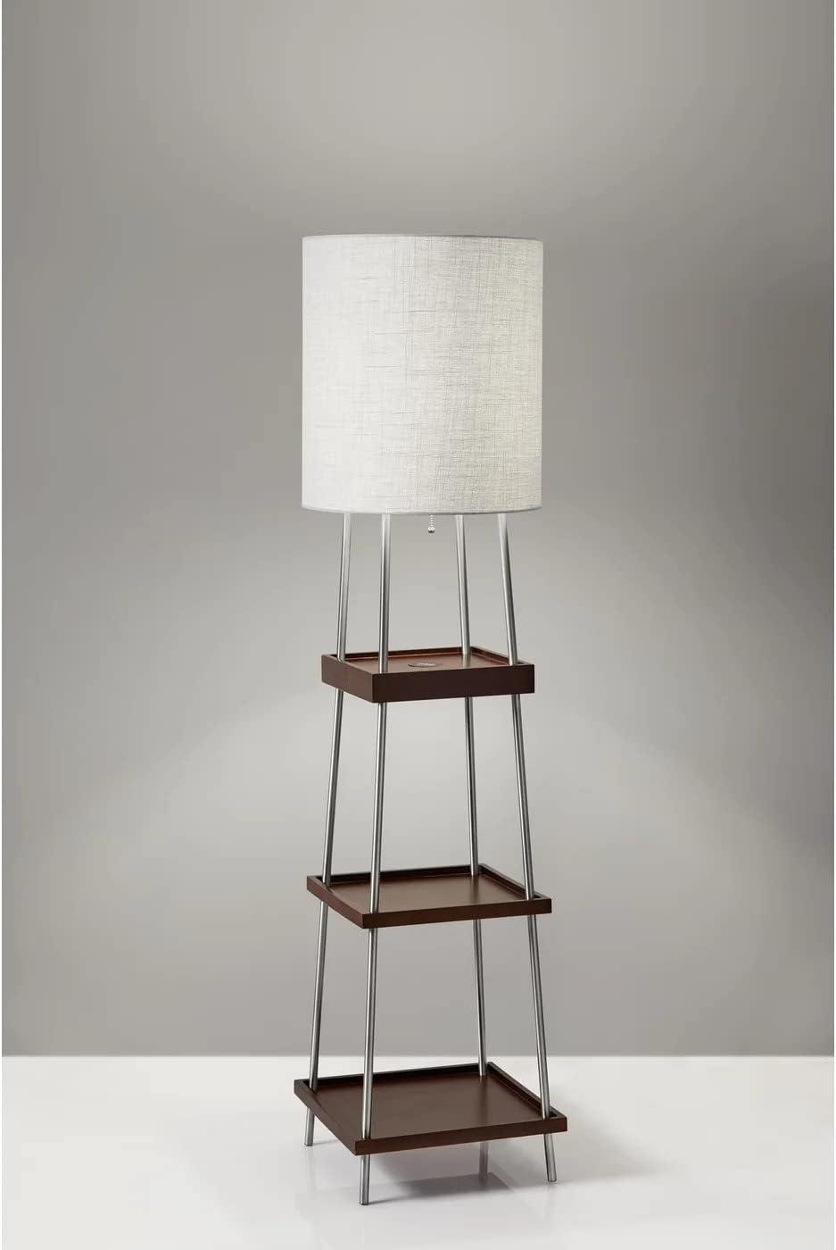 Elegant White Textured Fabric Shelf Floor Lamp with Wireless Charging