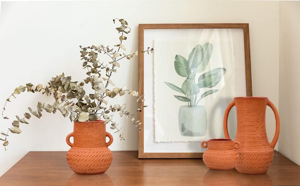 Terracotta Ceramic Vase Set with Handles for Flower Arrangements