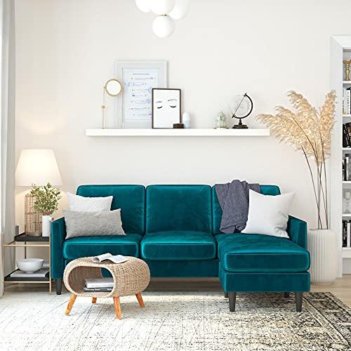 Winston Green Velvet Reversible Sectional Sofa with Ottoman