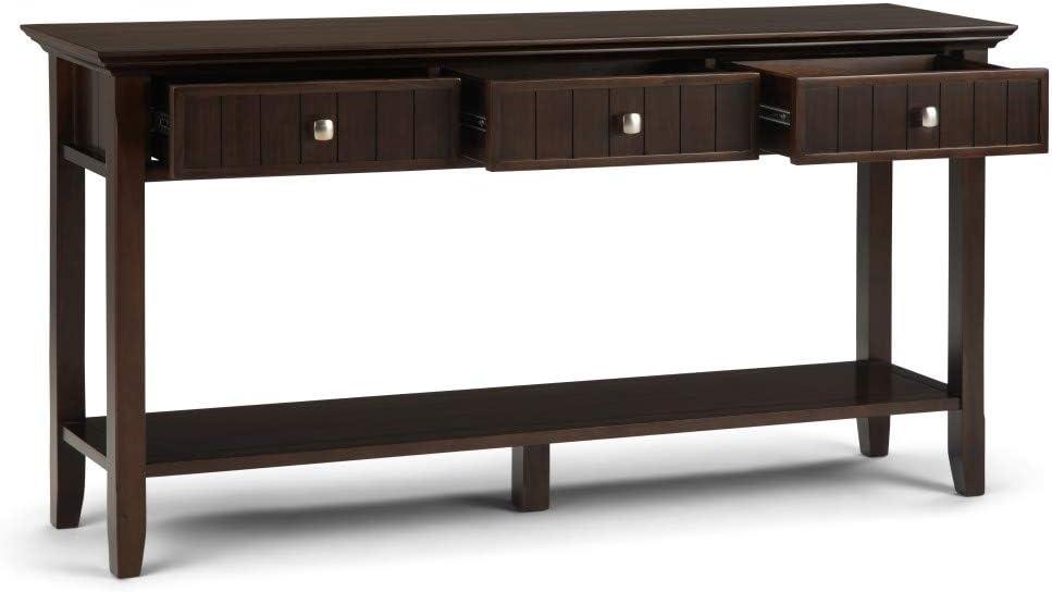 Simpli Home Acadian 60"W Solid Wood Wide Storage Console Table in Brunette Brown with Three Drawers and Open Shelf