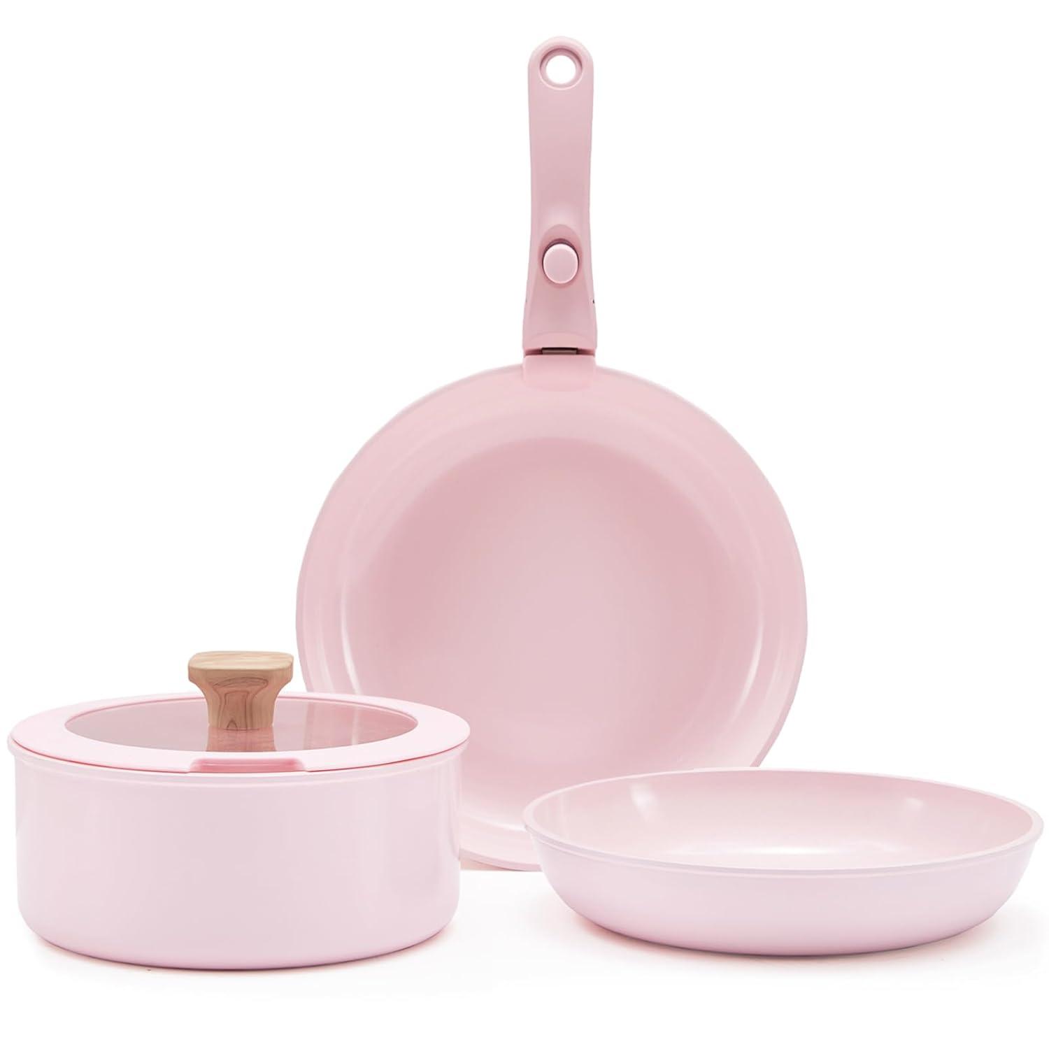 Hausfrau Pink Ceramic Non-Stick Cookware Set with Removable Handle