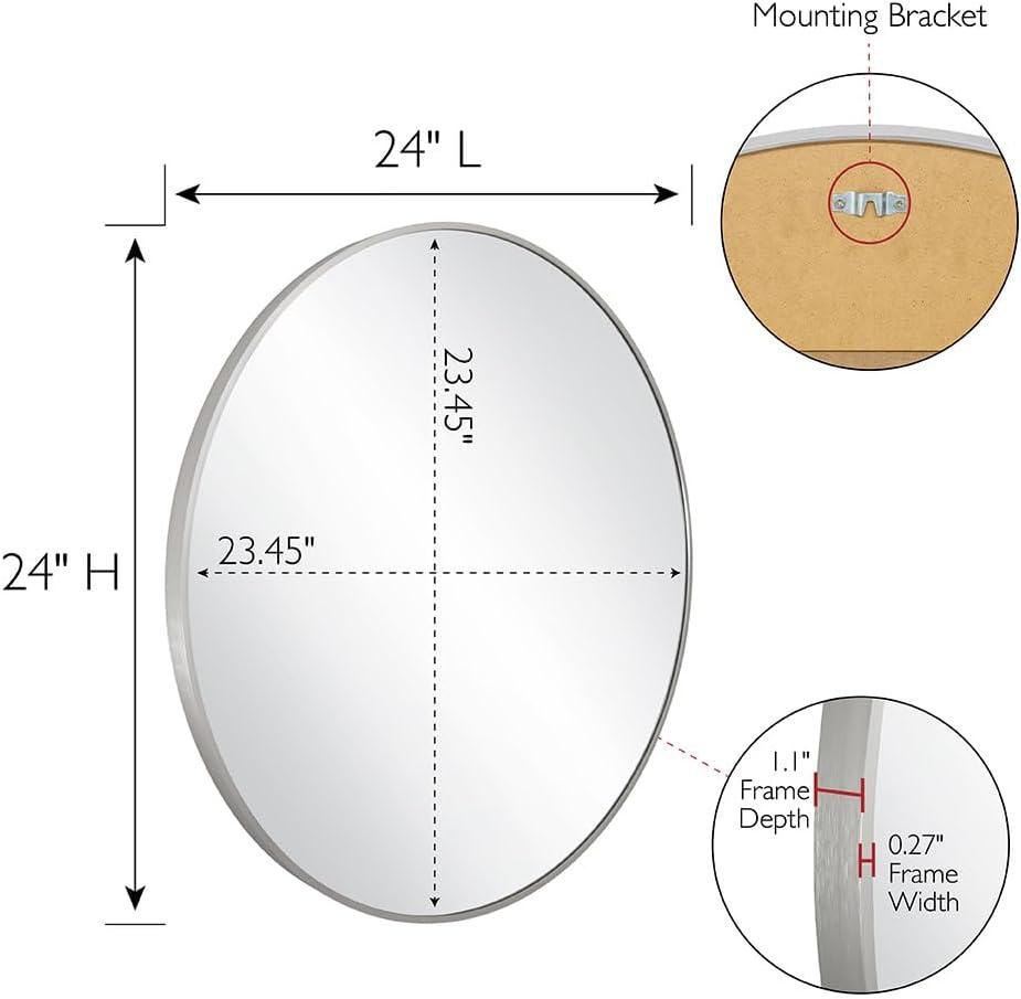 Kenna Round Wall Accent Mirror – 24-Inch, Modern Metal Framed – Living Room, Bedroom, Bathroom Vanity Mirror – Silver – Design House, 587188-SLV
