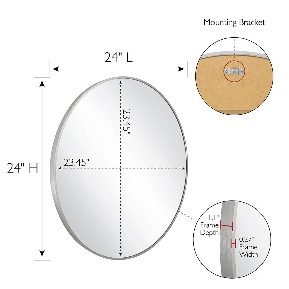 Kenna Round Wall Accent Mirror – 24-Inch, Modern Metal Framed – Living Room, Bedroom, Bathroom Vanity Mirror – Silver – Design House, 587188-SLV