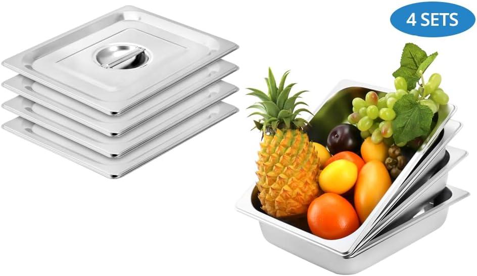 QWORK Stainless Steel Full Size 1/1 Chafing Dish Pan Set, 4 Pack 2.56" Deep 0.03" Thick 8.5L Heat-Resistant Pans with Lids, Steam Table Pans for Catering & Food Service