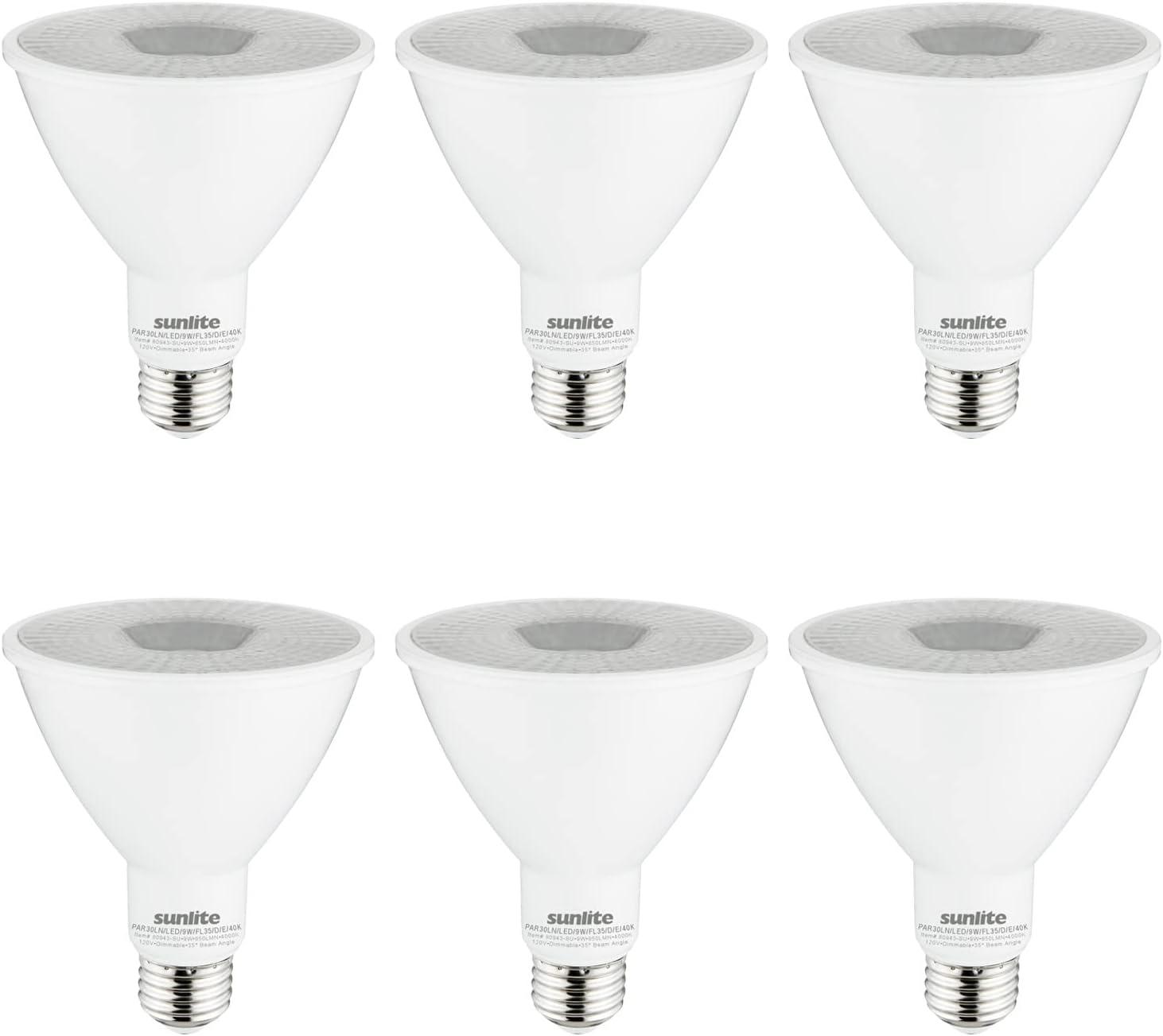 Sunlite LED PAR30 Long Neck Light Bulb, 9 Watt (75W Equiv), Medium E26 Base, Dimmable, Frosted, UL Listed, 4000K Cool White, 6-Pack