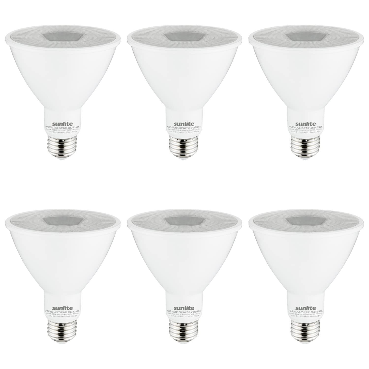 Sunlite LED PAR30 Long Neck Light Bulb, 9 Watt (75W Equiv), Medium E26 Base, Dimmable, Frosted, UL Listed, 4000K Cool White, 6-Pack