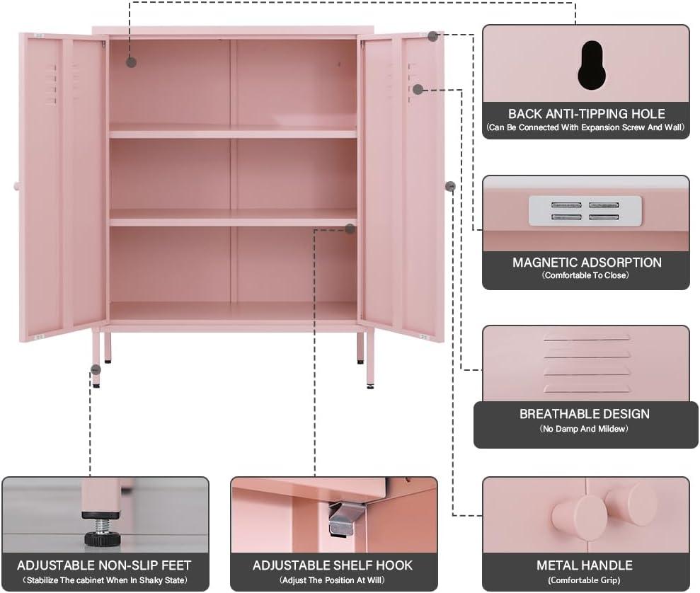 2 Door Metal Accent Storage Cabinet for Bedroom, Bedside, Office Room-Metal Locker Cabinet with 2 Adjustable Shelves (Pink)