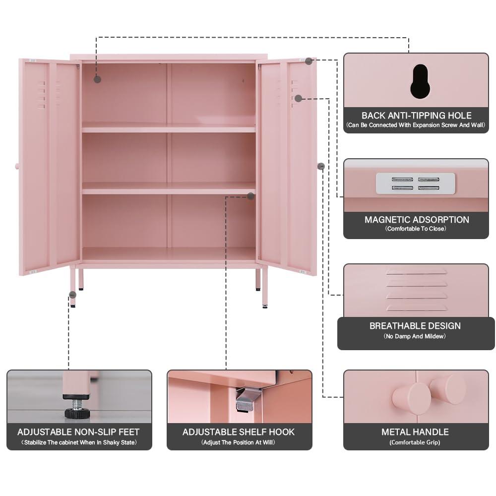 Pemberly Row 2 Door Metal Locker Style Storage Accent Cabinet in Bashful Pink