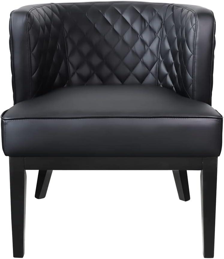 Elegant Quilted Black Leather Barrel Accent Chair with Wood Base