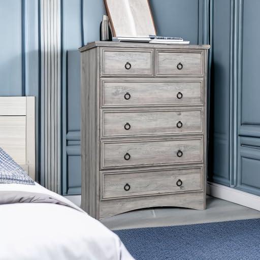 6 Drawer Dresser, Tall Wood Chest of Drawers Dressers for Bedroom, Living Room, Gray
