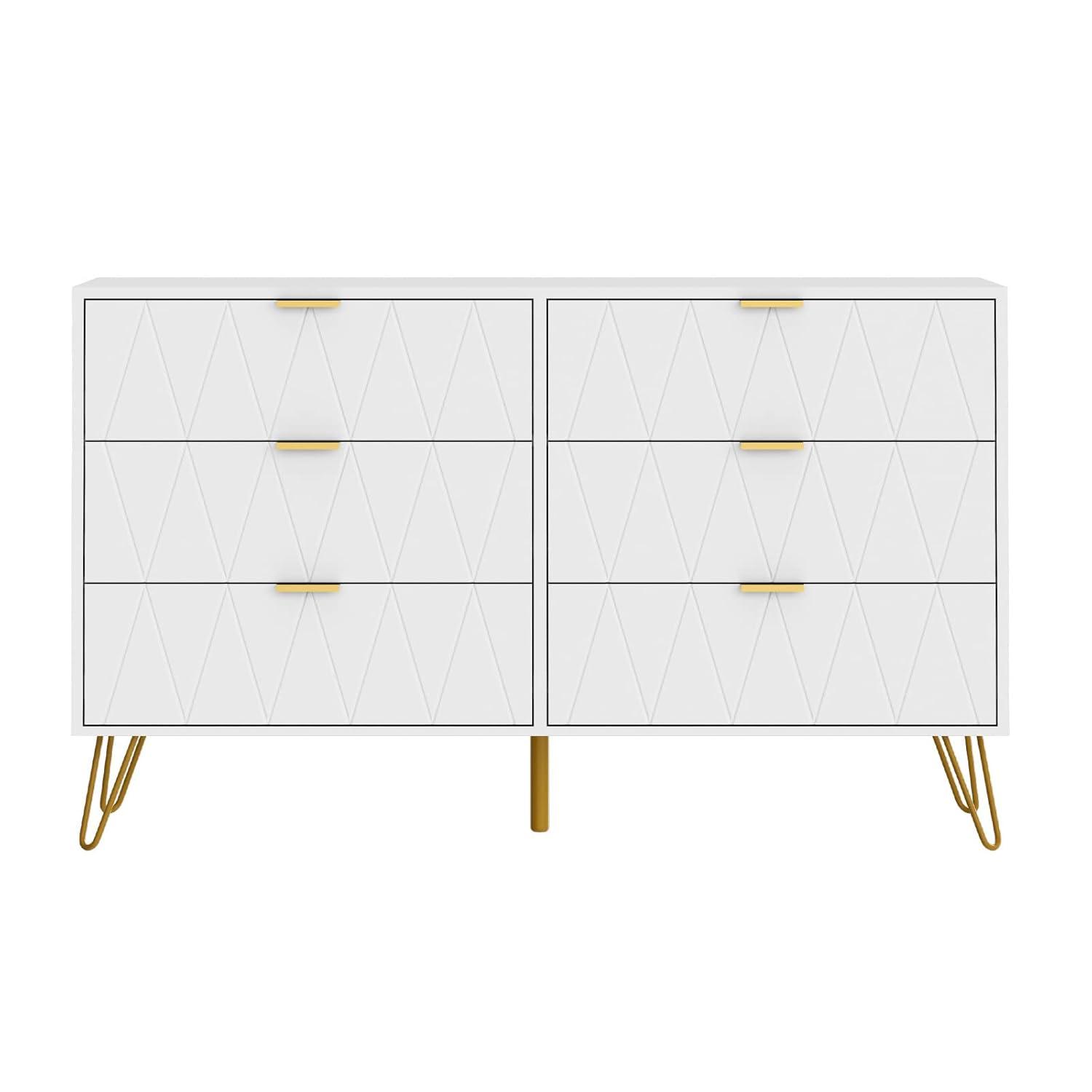 UEV Large White 6 Drawer Dresser,Modern Dresser Chest with Wide Drawers and Metal Handles,Wood Storage Chest of Drawers for Bedroom,Hallway,Entryway (White, Large 6 Drawer)