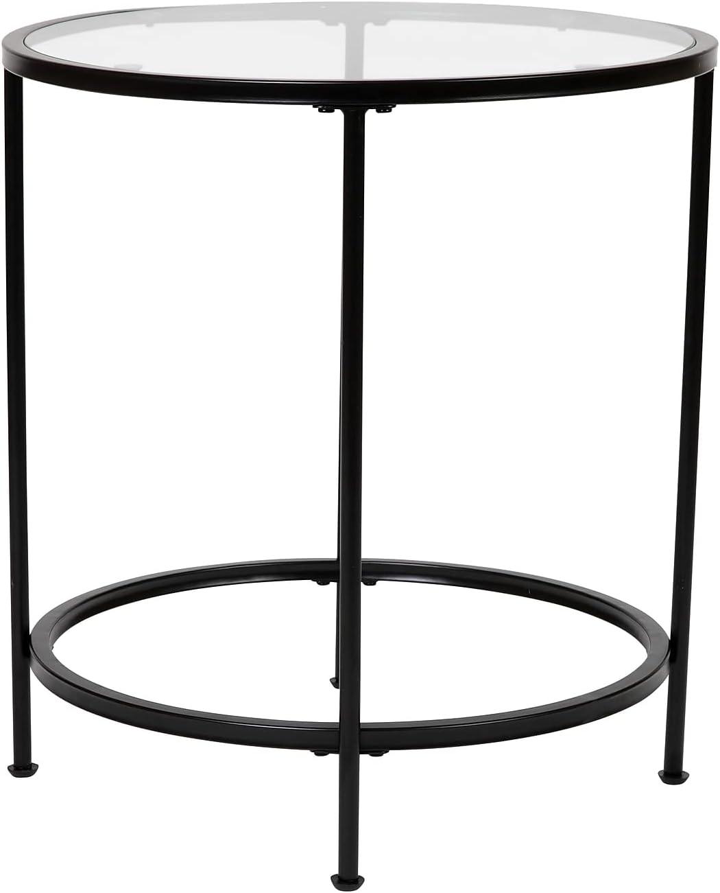 Flash Furniture Astoria Collection Round End Table - Modern Clear Glass Accent Table with Matte Black Frame