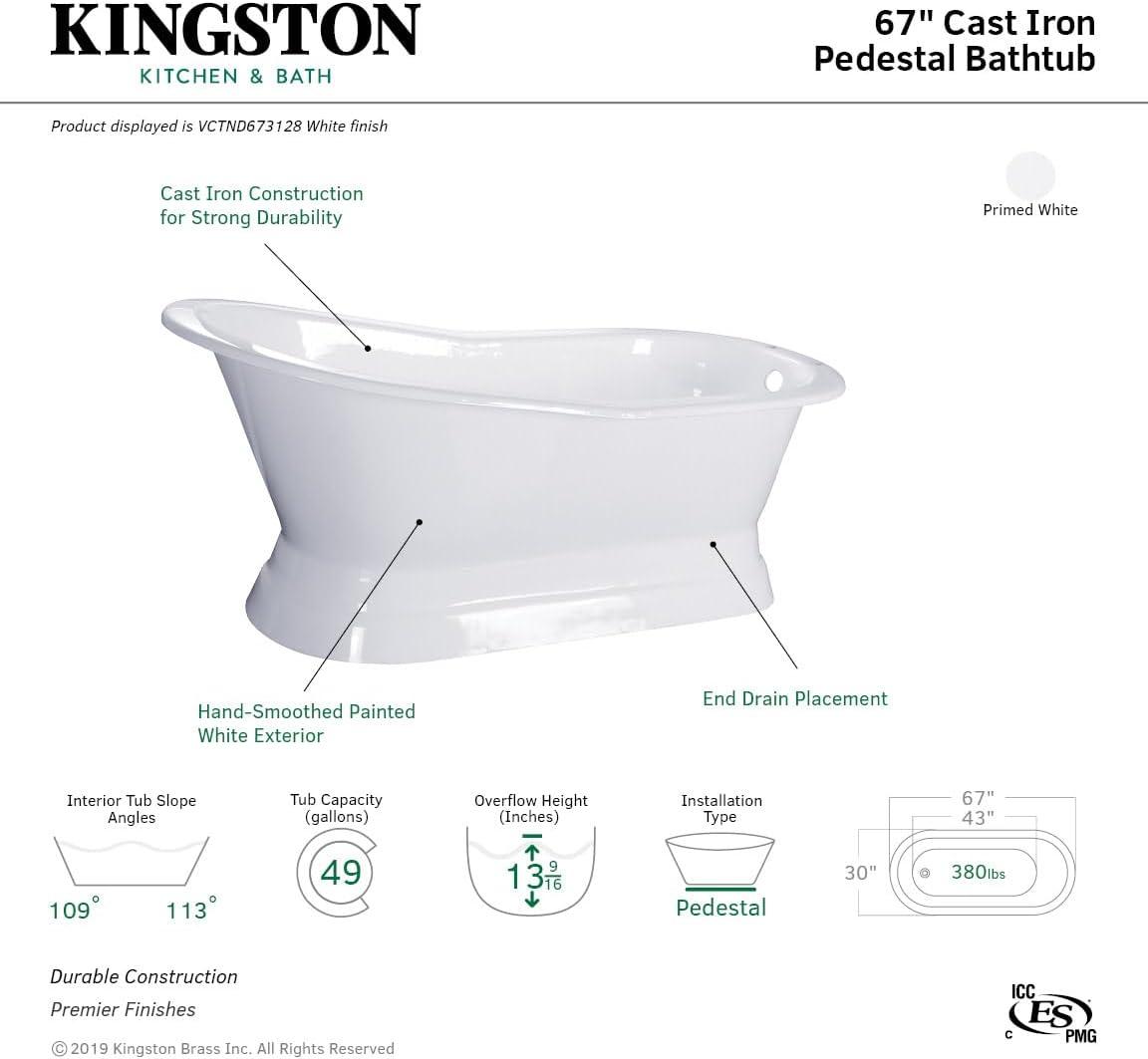 Kingston Brass Aqua Eden 67-Inch Cast Iron Oval Single Slipper Pedestal Tub (No Faucet Drillings)