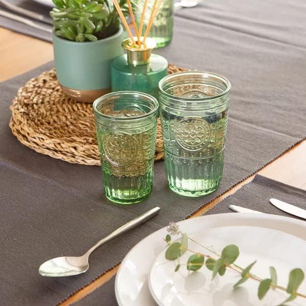 Pastel Green Floral Etched Glass Tumbler Set, 11.5 Oz