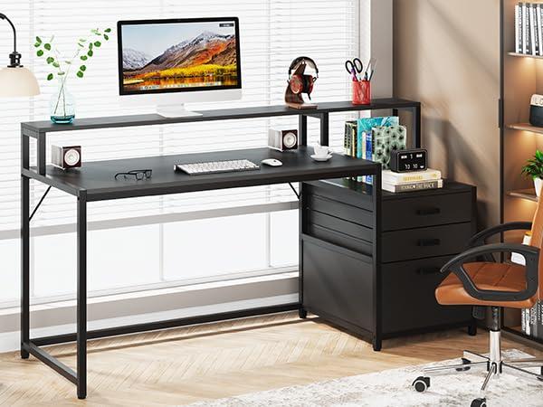 White Wood 63" Computer Desk with Drawers and Filing Cabinet