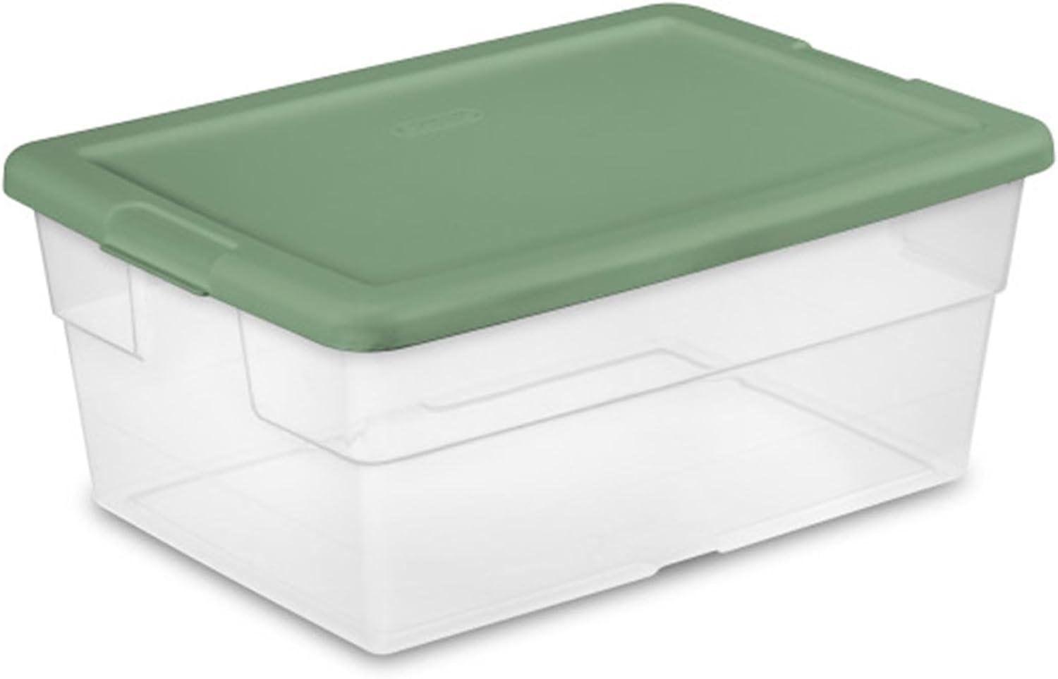 16 Quart Clear Plastic Storage Tote with Green Lid