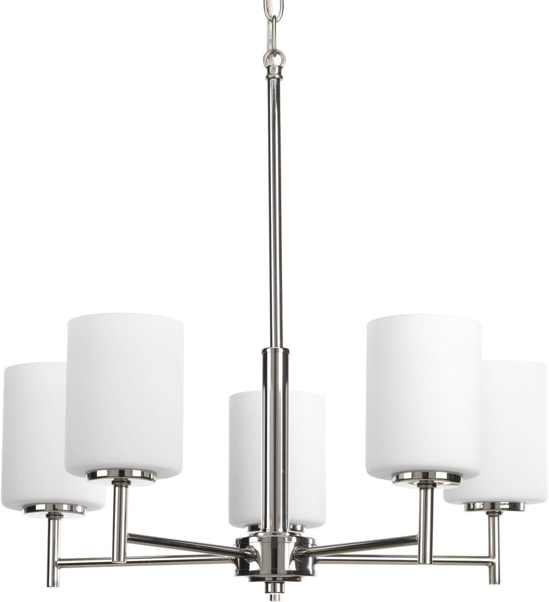 Progress Lighting Replay 5-Light Chandelier, Steel, Polished Nickel, White Glass Shades
