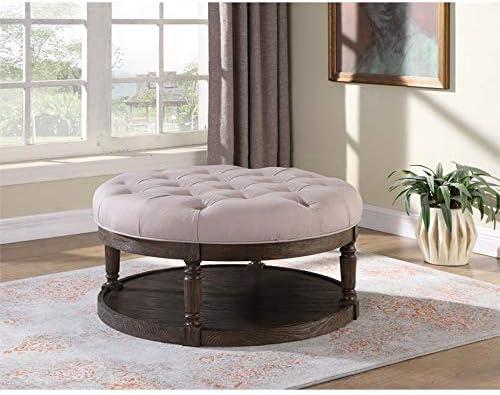 Best Master Tufted Fabric Upholstered Round Ottoman in Rustic Gray/Beige