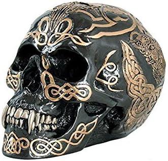 PTC 7 Inch Black and Gold Color Celtic Pattern Skull Statue Figurine