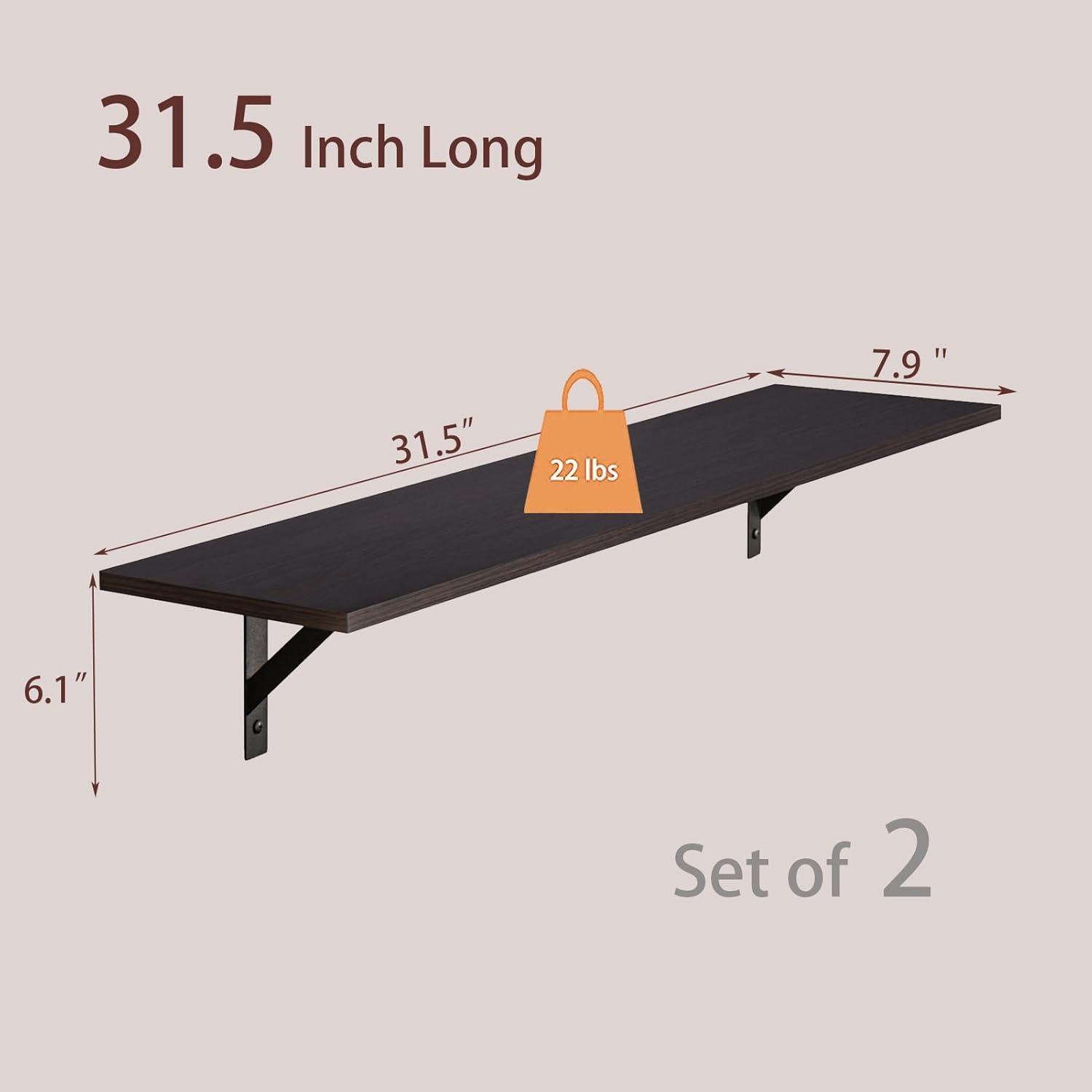 DINZI LVJ Long Wall Shelves, 31.5 Inch Wall Mounted Shelves Set of 2, Easy-to-Install, Wall Storage Ledges with Sturdy Metal Brackets for Living Room, Bathroom, Bedroom, Kitchen, Espresso