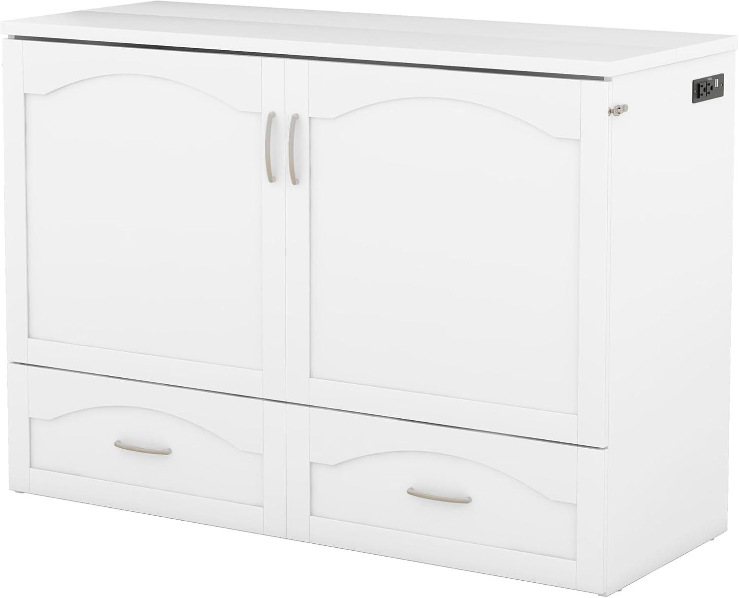 Harper & Bright Designs Full Size Murphy Bed Wall Bed with Storage Drawers, Wood Murphy Bed Chest with Sockets & USB Ports, Pulley Structure Design, White