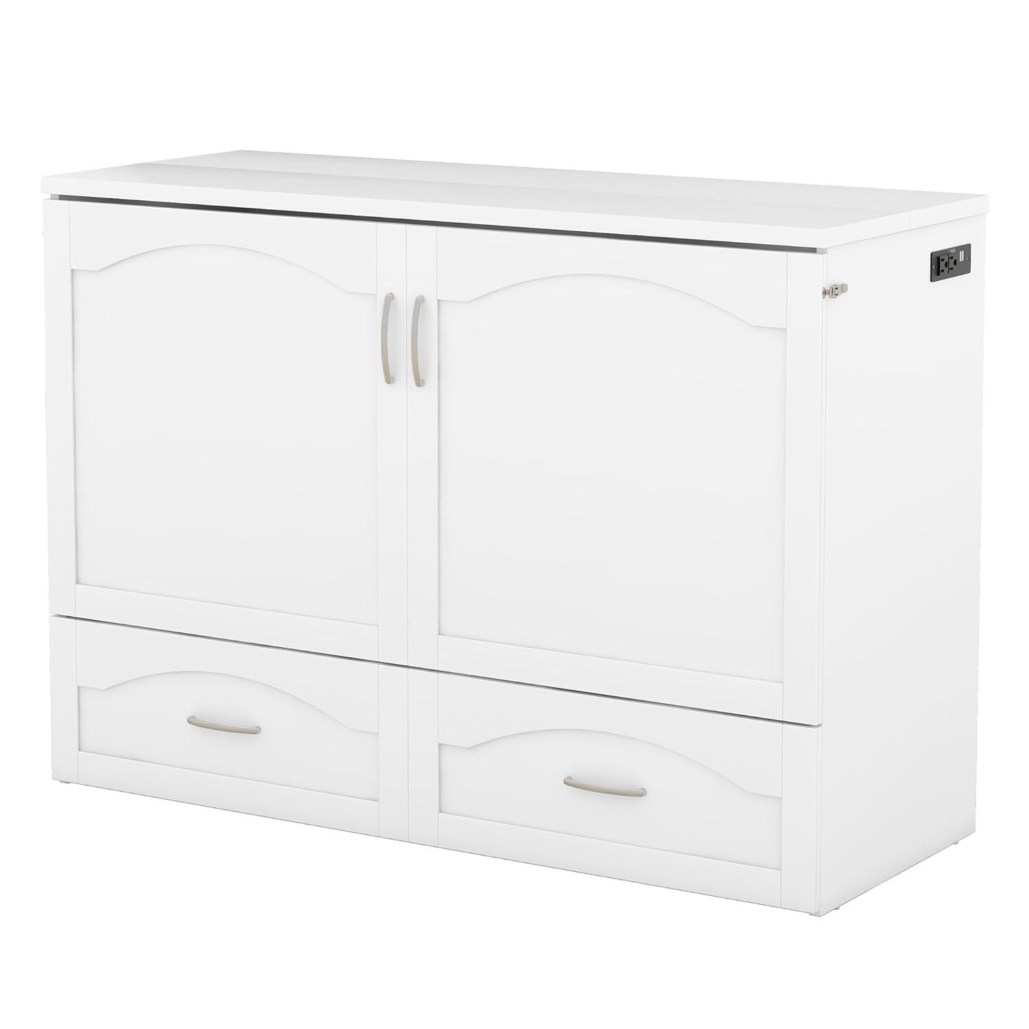 Harper & Bright Designs Full Size Murphy Bed Wall Bed with Storage Drawers, Wood Murphy Bed Chest with Sockets & USB Ports, Pulley Structure Design, White