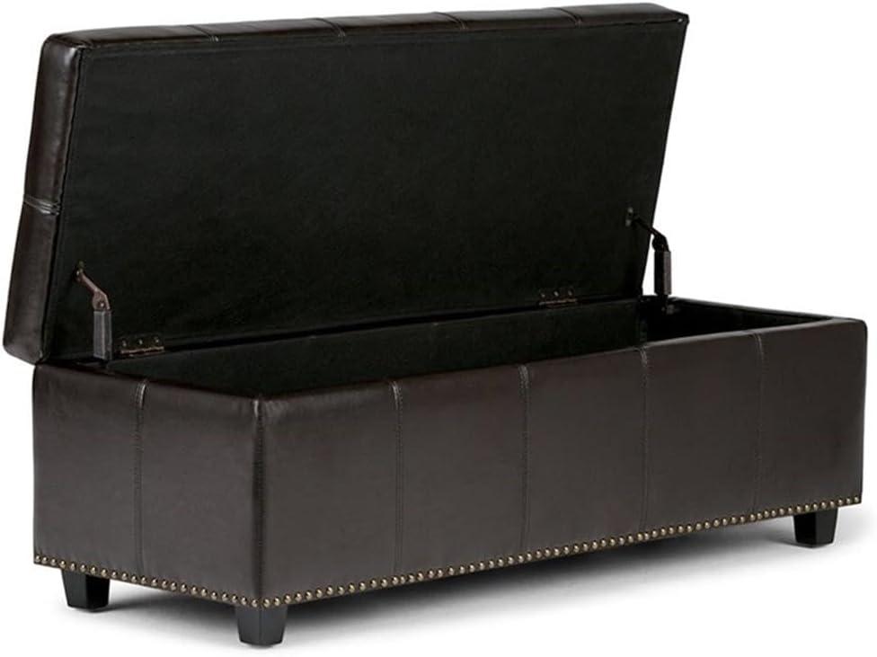 Simpli Home Kingsley 48"W Upholstered Storage Ottoman with Lift-Top Lid, Nailhead Trim, and Stitching Detail