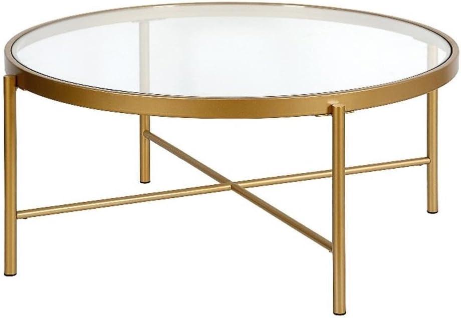 Metal 36" Round Glass Top Coffee Table in Brass - Henn&Hart