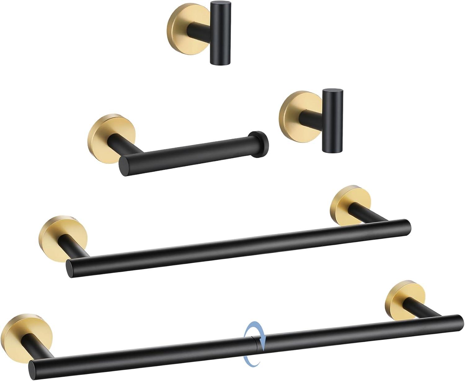 5 Pieces Black Gold Bathroom Hardware Set, 23.6 Inches Bathroom Towel Rack Set Bath Towel Bar Set, SUS304 Stainless Steel Bathroom Accessories Kit Wall Mounted