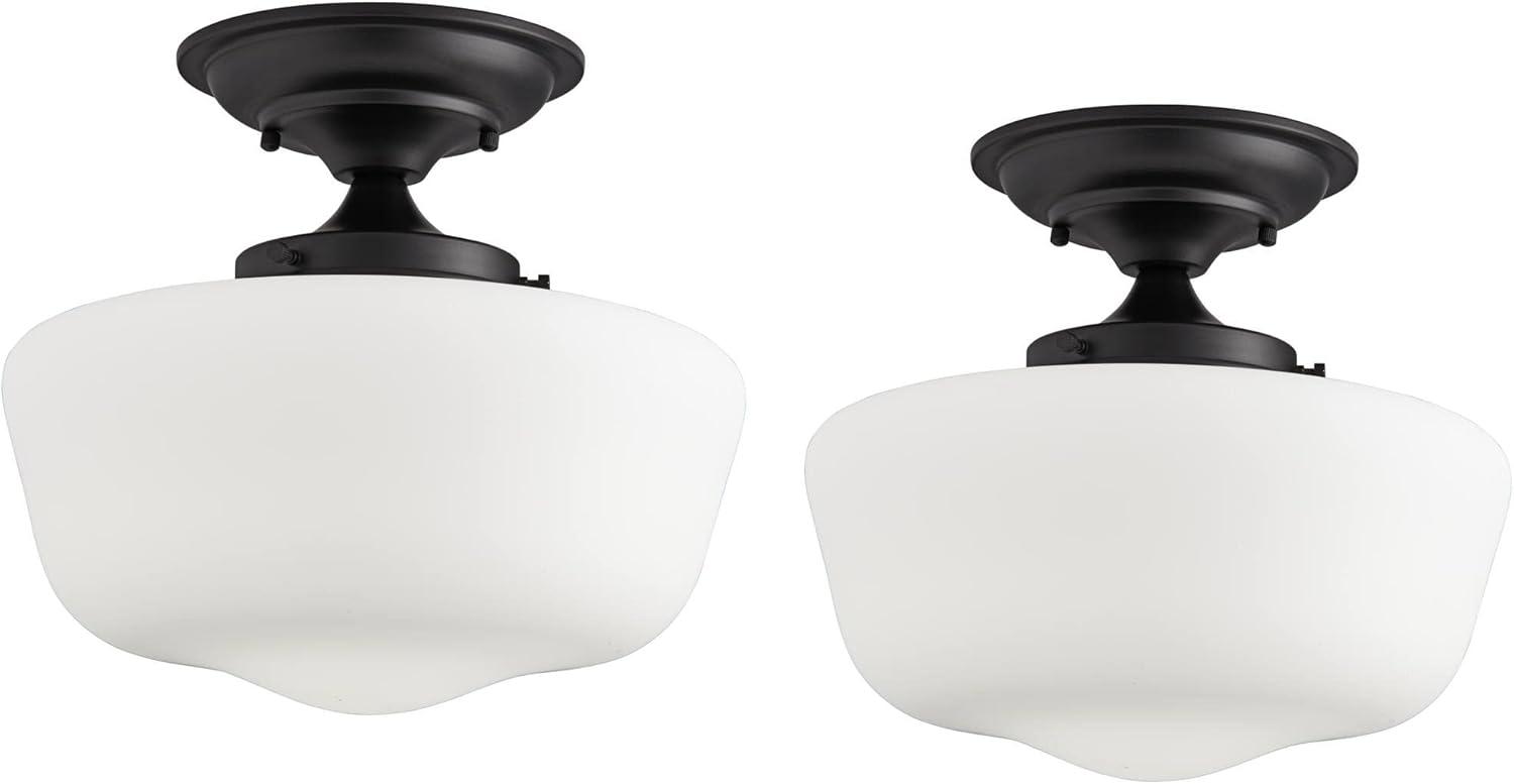 Regency Hill Schoolhouse Rustic Farmhouse Ceiling Light Semi Flush Mount Fixture 12 1/4" Set of 2 Black Floating White Glass for Bedroom