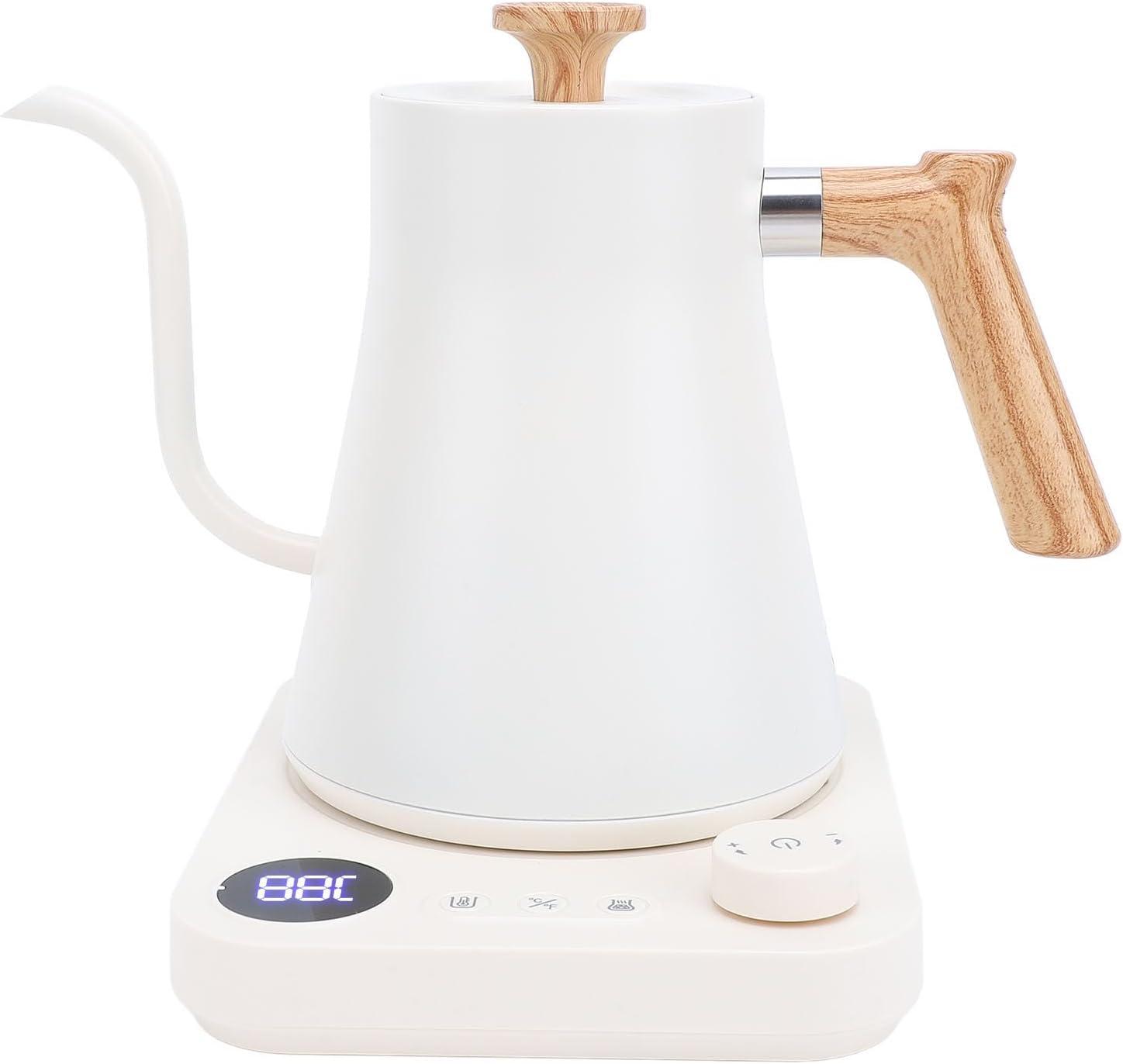 White Electric Gooseneck Kettle with Bamboo Handle and LCD Display