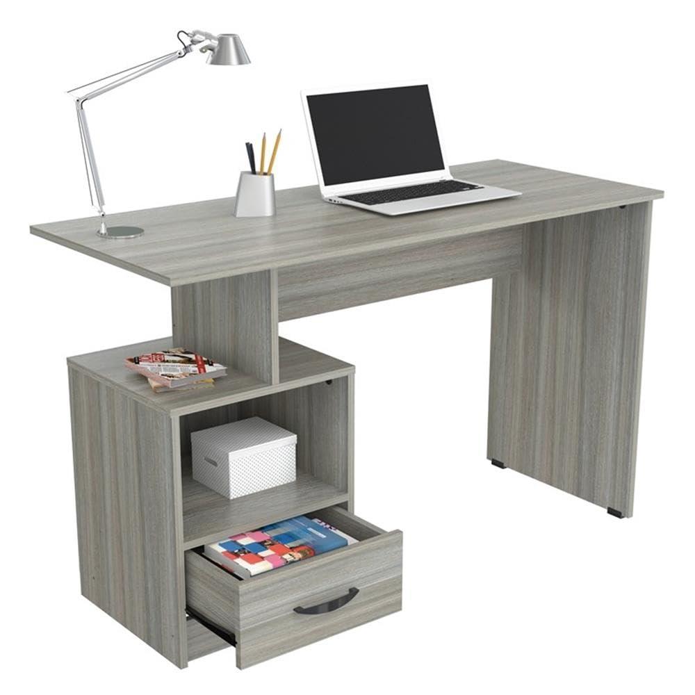 Inval Modern Writing Desk with Drawer and Open Storage, Smoke Oak