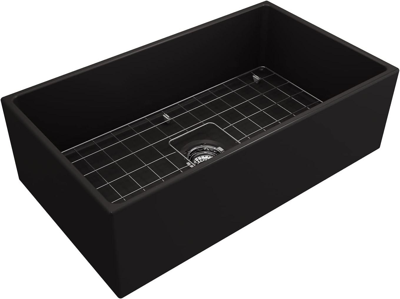 BOCCHI Contempo Farmhouse Apron Front Fireclay 33 in. Single Bowl Kitchen Sink with Protective Bottom Grid and Strainer in Matte Gray