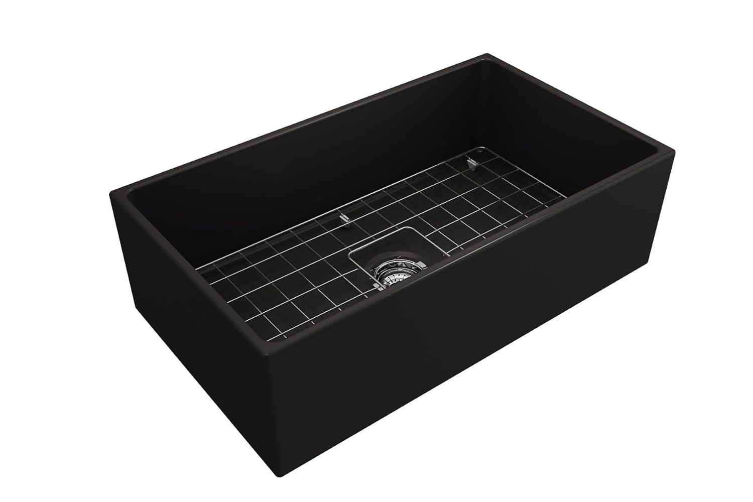 BOCCHI Contempo Farmhouse Apron Front Fireclay 33 in. Single Bowl Kitchen Sink with Protective Bottom Grid and Strainer in Matte Gray