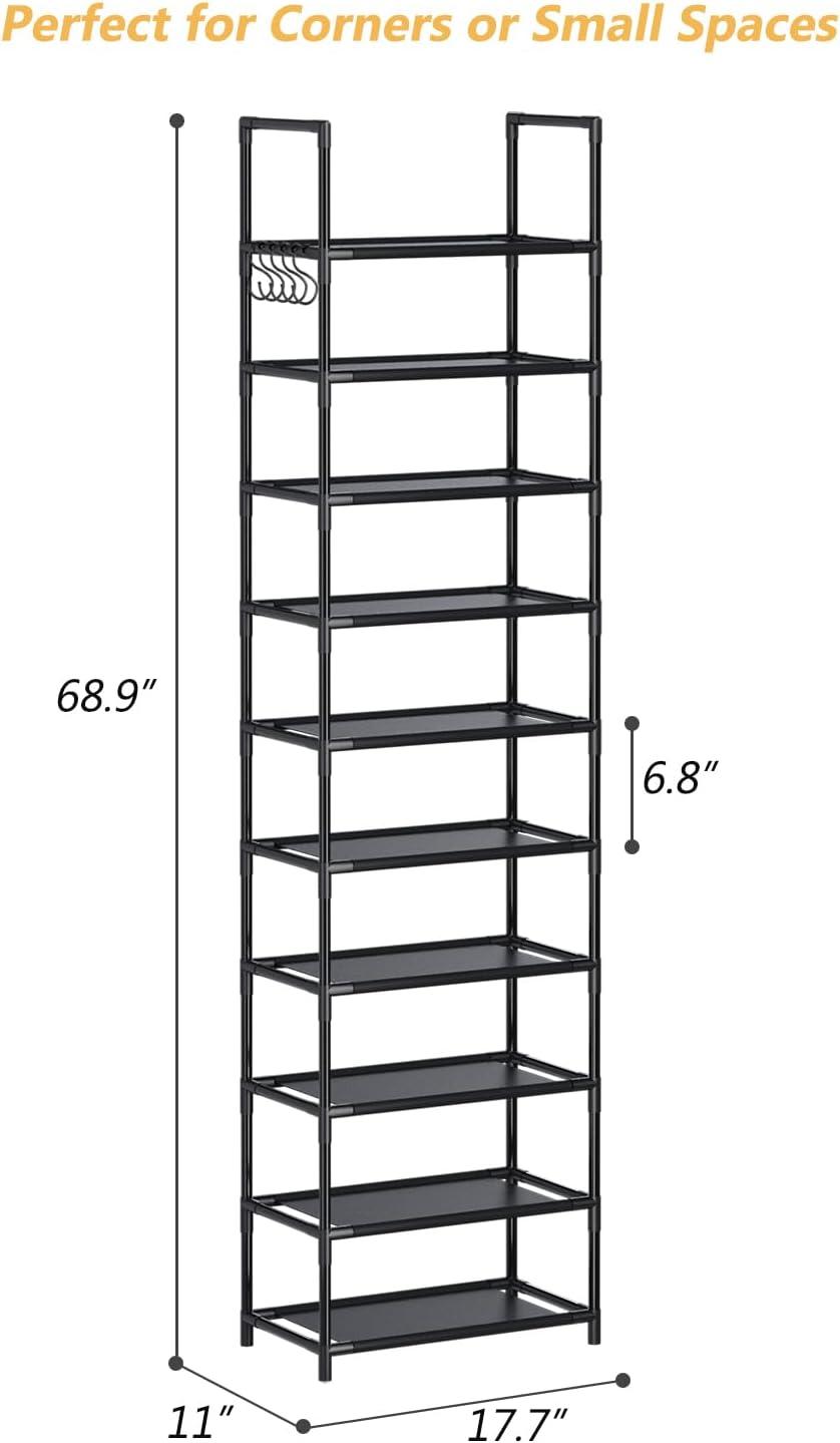 10 Tier Metal Shoes Rack, BUG HULL Narrow Stackable Shoes Shelf with Hooks, Shoe Tower for 20-24 Pairs Shoe and Boots Organizer, Black