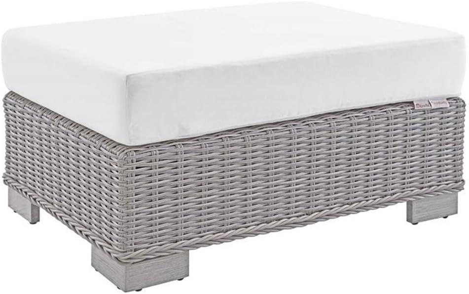 Conway Light Gray Wicker Rattan Patio Ottoman with White Cushion