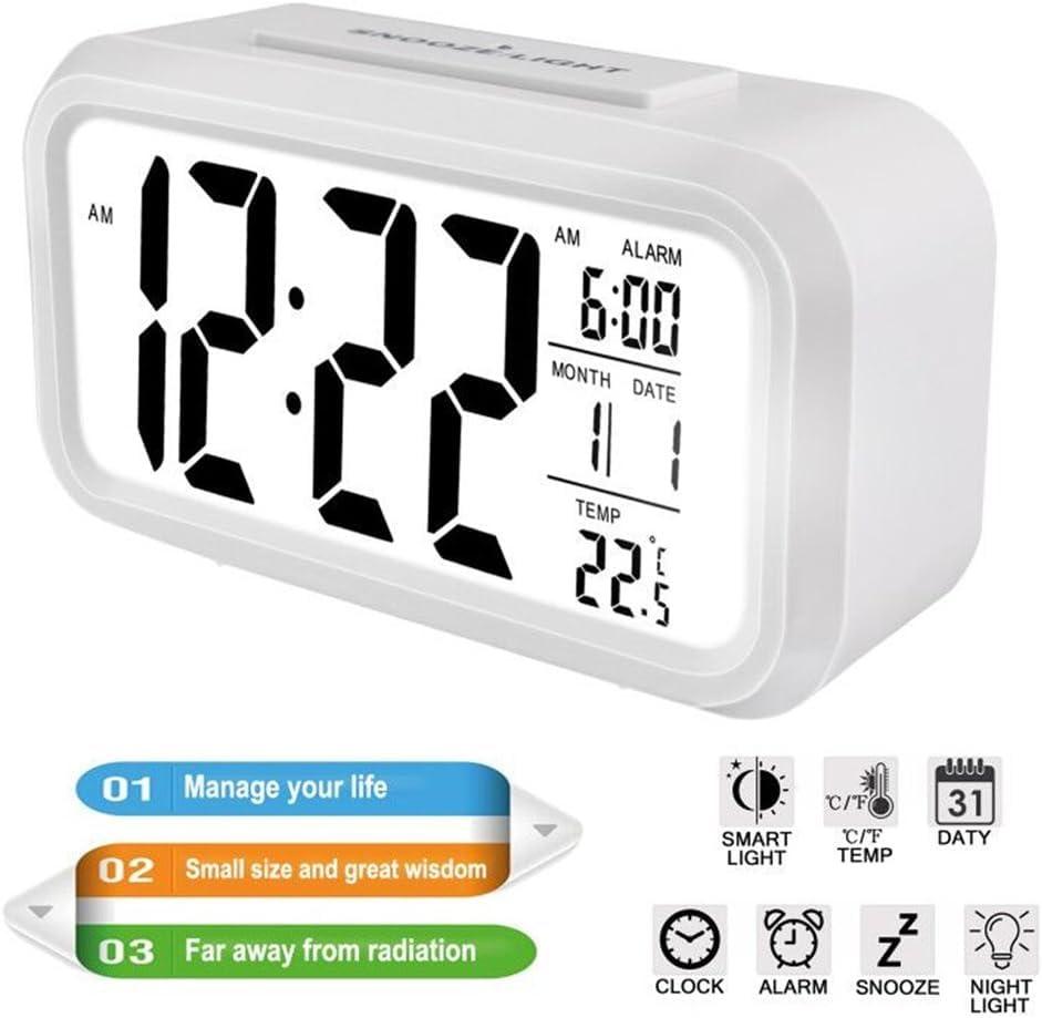 Indoor Temperature Alarm Clock for Bedrooms, Smart Night Light, Battery Operated Small Easy Desk Bedside Gifts Clock-White