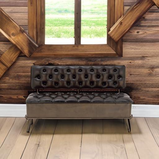 Williston Forge Black Metal Room Storage Bench with Tufted Faux Leather, 54" x 19" x 31"